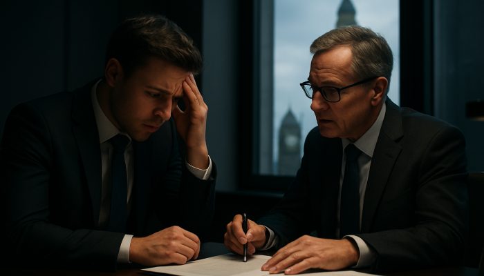 Concerned UK entrepreneur discussing business liability contracts with a solicitor in a modern London office near Big Ben.