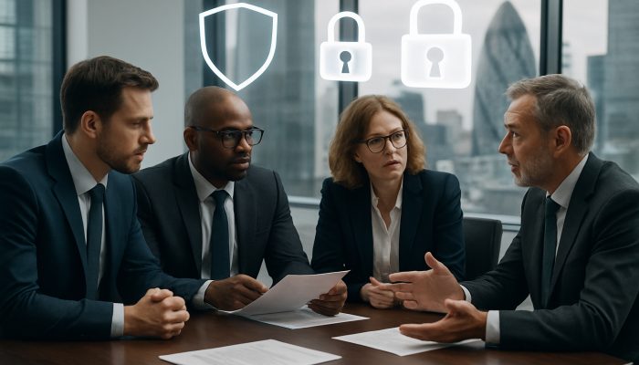 Business executives consult UK legal experts in a contemporary London office with floating compliance shield icons.